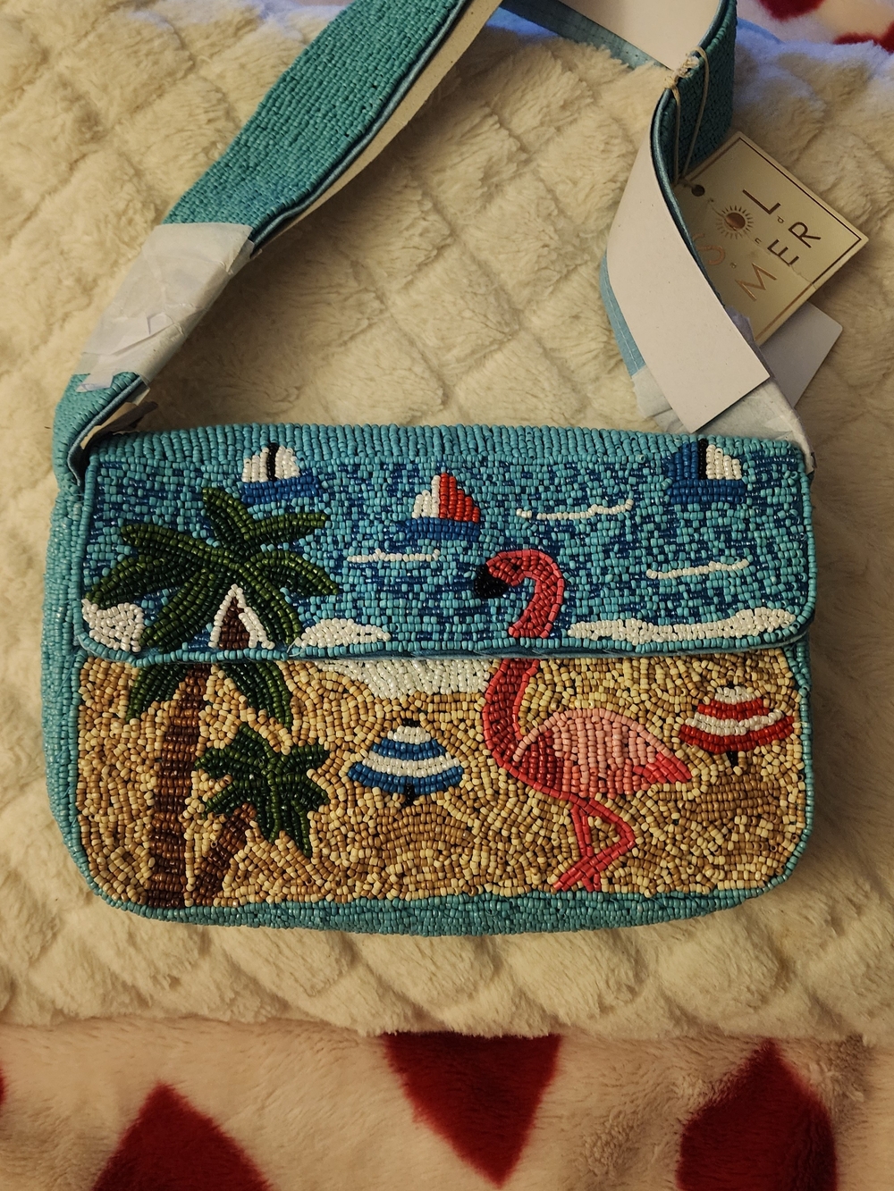 Summer Flamingo Beaded Crossbody Bag - Turquoise